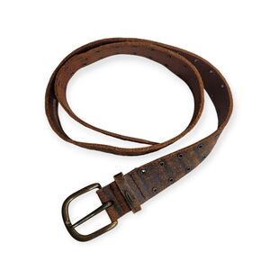 Y2K Double Gromet Thick Leather Belt Brass Buckle Brown XL